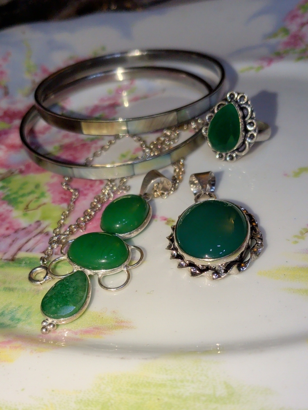 Green Gemstones Silver Plated Bundle: 2 Abalone Bangles, 2 Pendants, Ring, Chain